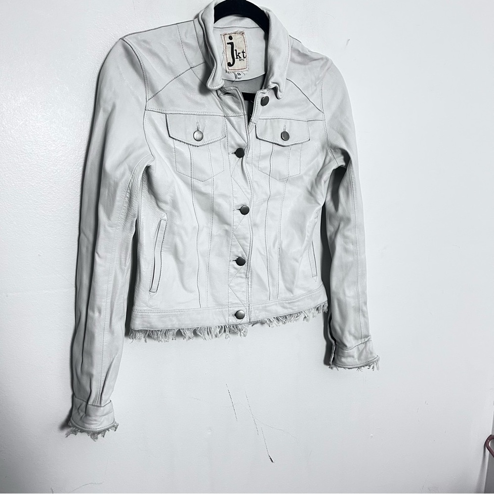 Jakett Alexa Burnished White Leather Jacket Cropped Fringe Hem XS - Picture 2 of 5